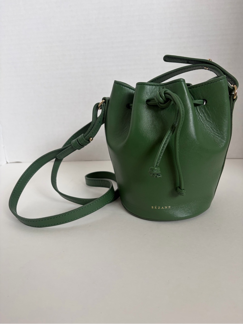 Sezane Nano Farrow Bucket Bag Crossbody Purse Mini Handbag Smooth Leather Green - Picture 10 of 13